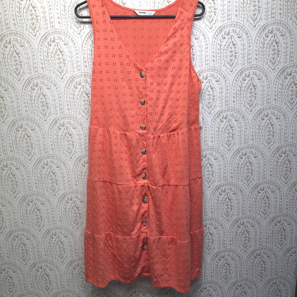 Sonoma‎ Eyelet Tiered Dress Women Large Coral Pink Button Front Sleeveless Midi